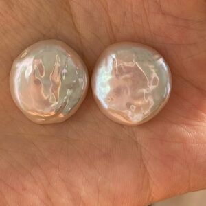 Solid 18K coin fresh water baroque pearl earrings 24mm